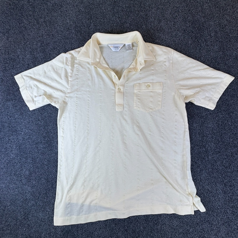 Classics by Palmland Polo Shirt Mens Medium Yellow Cotton Side Slit Striped